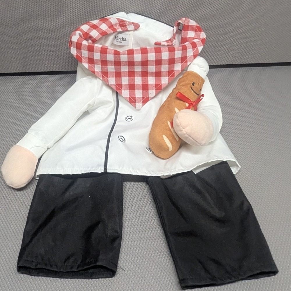 Martha Stewart French Chef Pet Costume White Coat Gingham Scarf Baguette-L